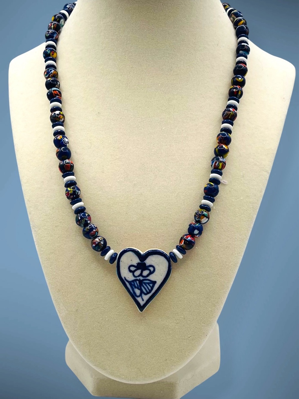 Artisan Blue Glazed Ceramic Beaded Heart Necklace Floral Pendant
